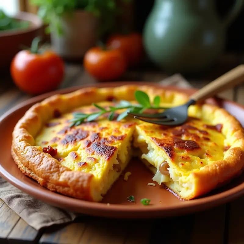 Tortilla de patatas dorada y crujiente con cebolla caramelizada, cortada en porciones, servida en plato de barro con tenedor de madera.