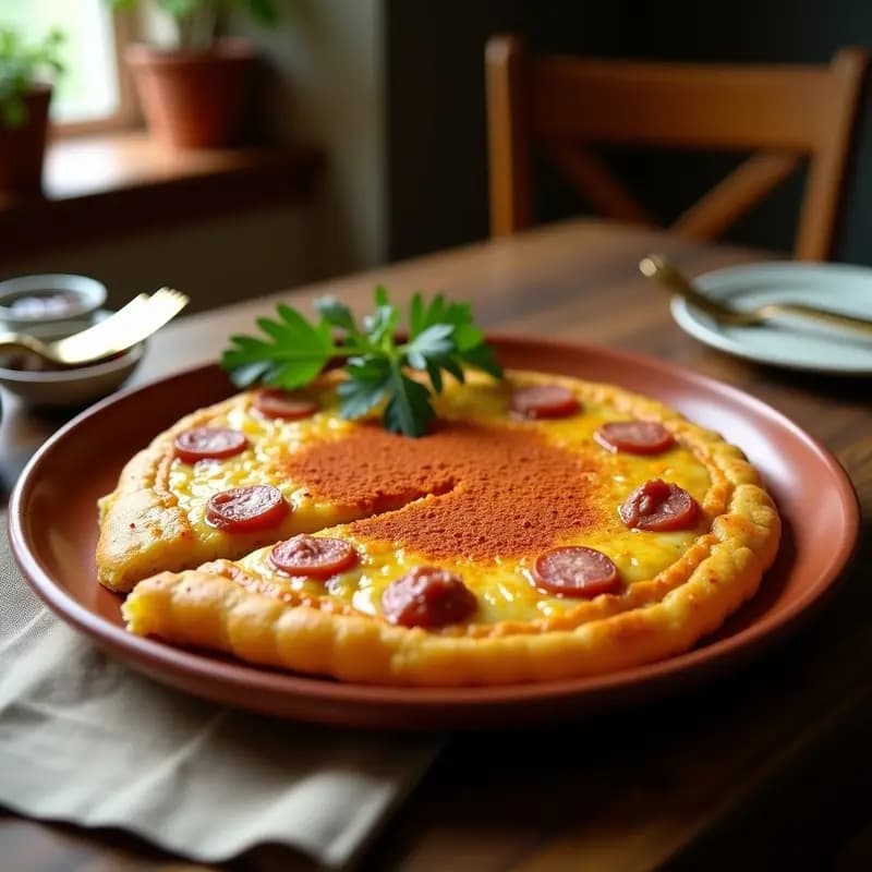 Tortilla de patatas dorada con trozos de chorizo y pimentón de la Vera, servida en plato de barro rústico con fondo de cocina tradicional española.
