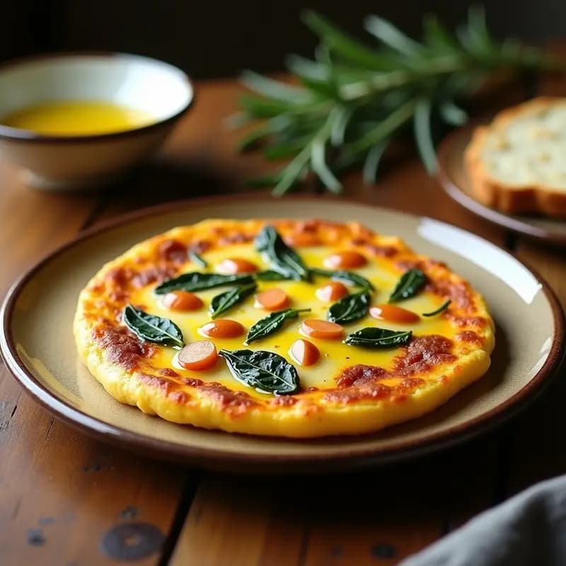 Tortilla dorada y esponjosa de patatas, espinacas y pimentón vegana, servida en plato de barro con fondo rústico y hierbas frescas.