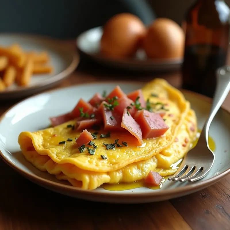Tortilla de patatas dorada y esponjosa con trozos de jamón serrano, queso manchego fundido y un hilo de aceite de trufa, servida en plato rústico de barro.