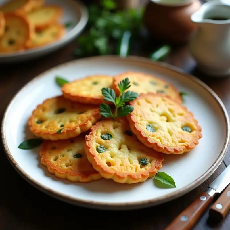 Plato blanco con tortillas de patatas y pimientos del padrón en forma de galleta crujiente, doradas por fuera y tiernas por dentro, sobre fondo rústico de madera.