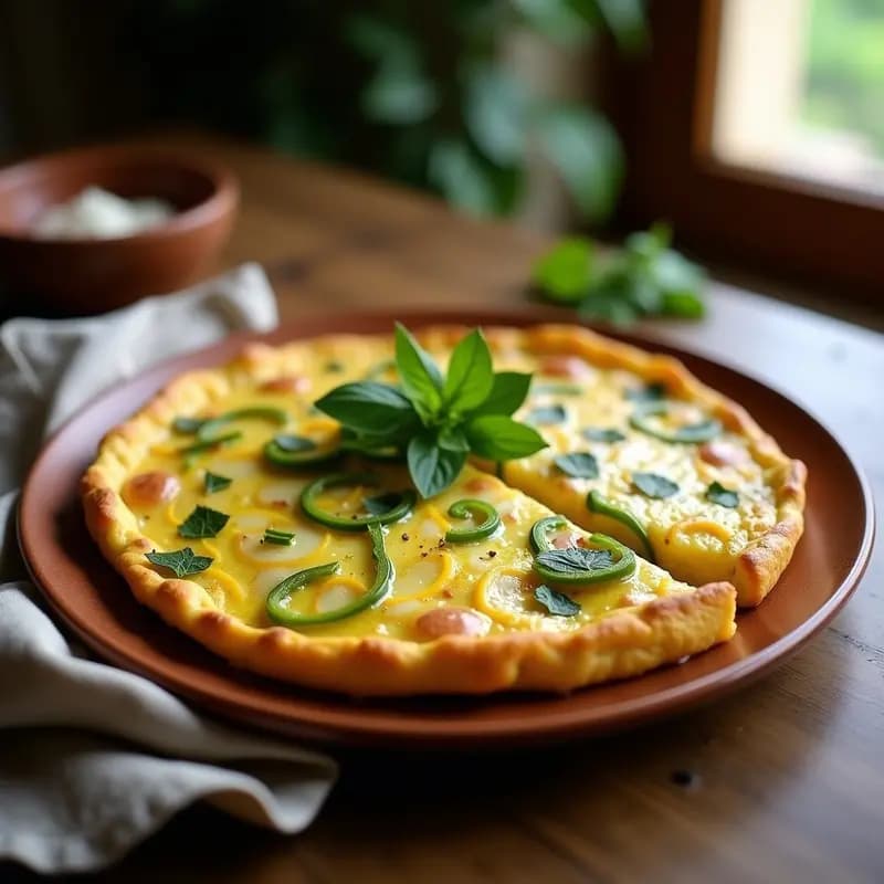 Tortilla de patatas y pimientos verdes vasca recién hecha, dorada por fuera y jugosa por dentro, con trozos de pimiento verde salteado visibles, servida en plato de barro rústico sobre mesa de madera.