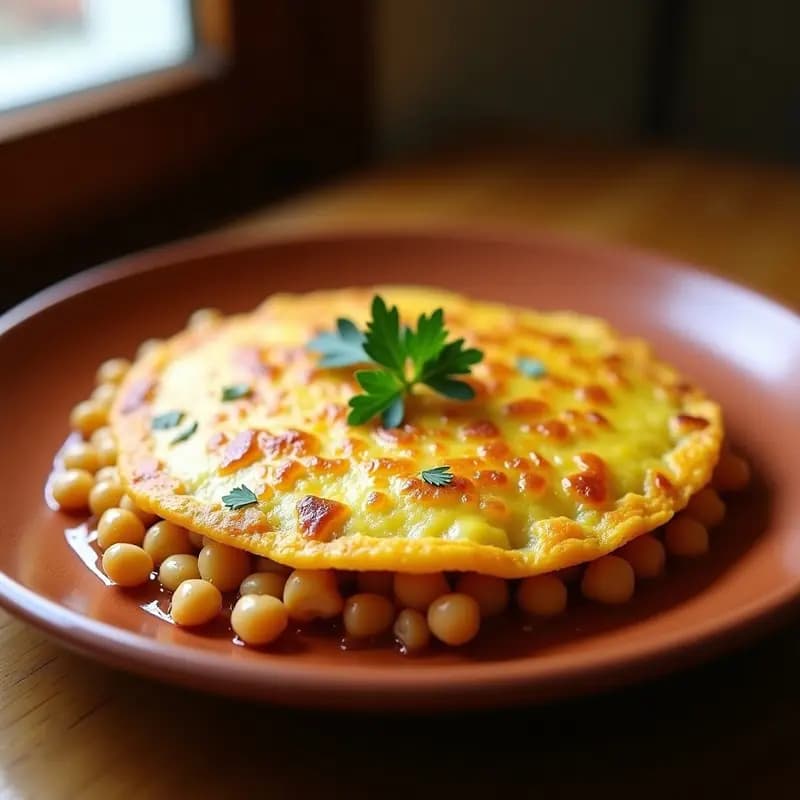 Tortilla de patatas dorada con trozos de garbanzos y cebolla, servida en plato rústico de barro sobre mesa de madera, receta de aprovechamiento castellana.