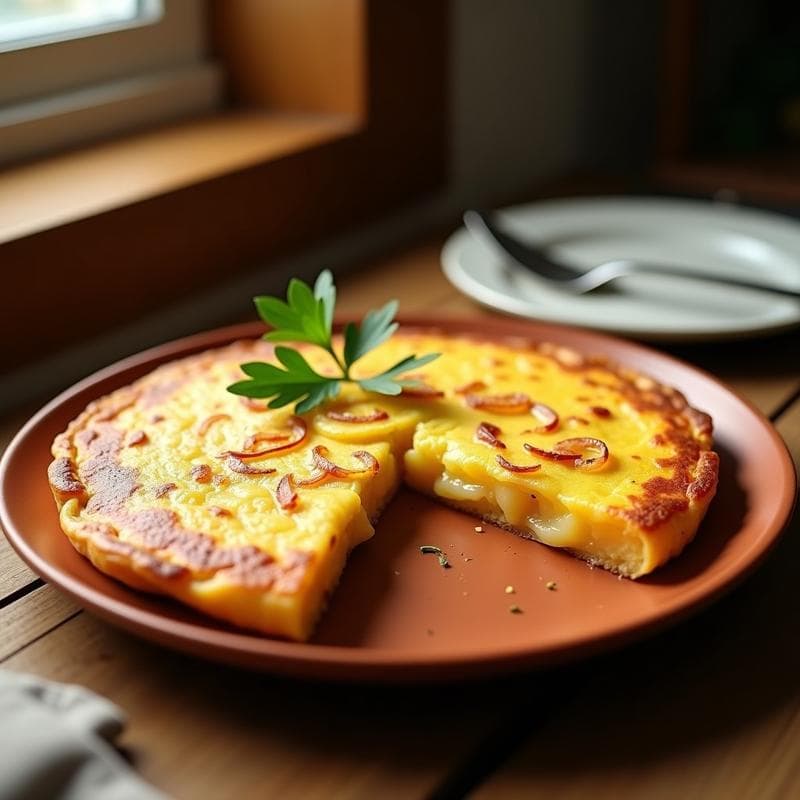 Tortilla de patatas tradicional española dorada por fuera y cremosa por dentro, servida en plato de barro con rodajas visibles de patata y cebolla.