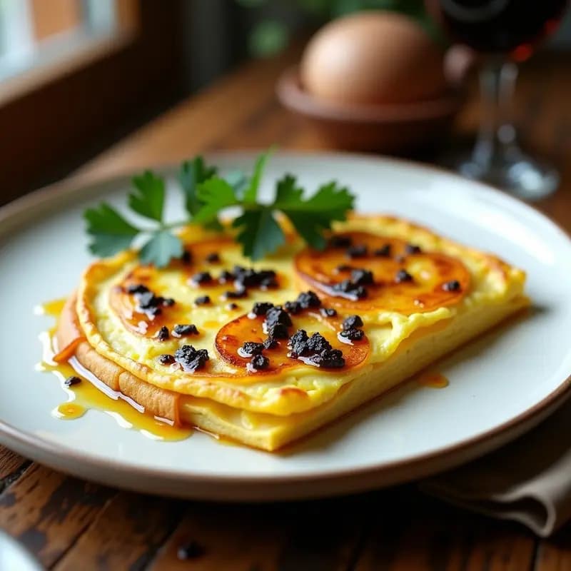 Tortilla de patatas dorada con aceite trufado brillante y trozos de ajo negro, servida en plato de cerámica blanca sobre fondo rústico.