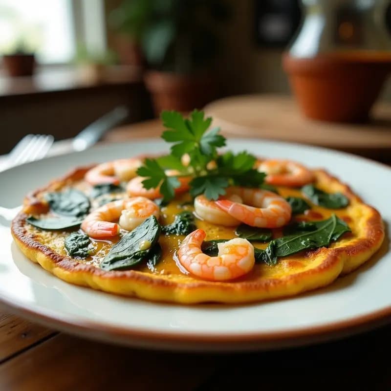 Tortilla española dorada con espinacas verdes y gambas rosadas, decorada con perifollo fresco. Receta alta en proteínas y baja en calorías.