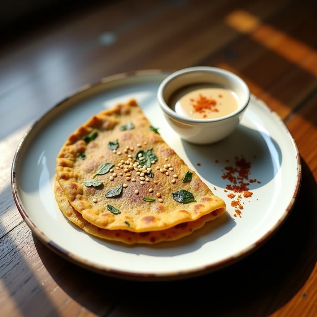 Tortilla dorada de harina de teff y espinacas frescas en un plato de cerámica blanca, acompañada de salsa de tahini cremosa y semillas de sésamo tostadas. Desayuno etíope sin gluten, saludable y alto en proteína.