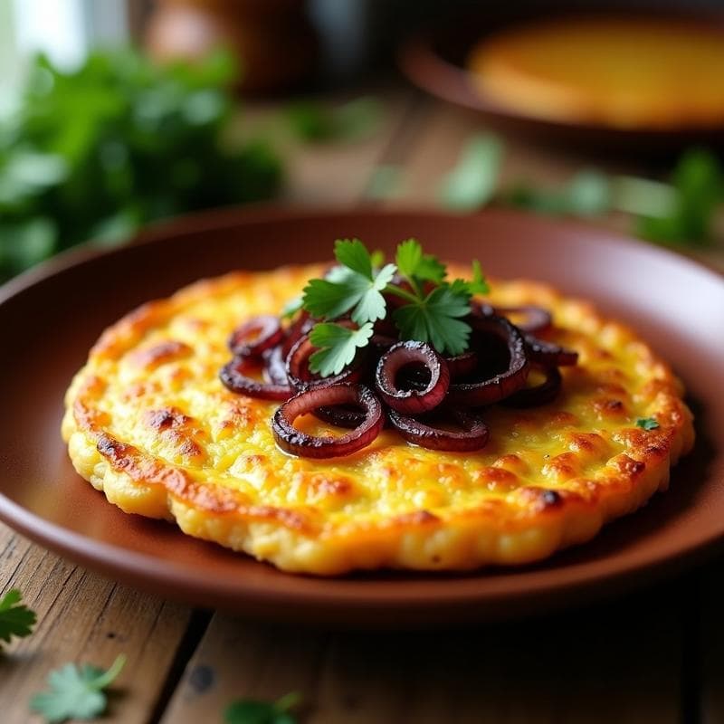 Tortilla esponjosa de color dorado con trozos de cebolla caramelizada brillante sobre una sartén antiadherente, receta brasileña sin gluten de yuca fermentada y cebolla.