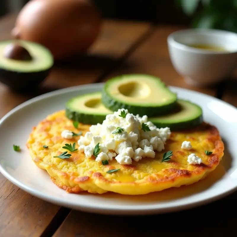 Tortilla dorada de yuca rallada con queso de cabra desmenuzado fundido, servida en un plato blanco con rodajas de aguacate y perejil fresco. Desayuno brasileño keto sin harina.