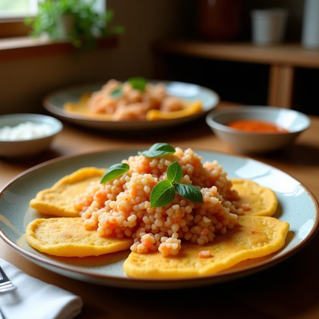Plato blanco con tortillas doradas de harina de arroz rellenas de espárragos trigueros salteados, bañadas en salsa de soja y decoradas con semillas de sésamo y cebollino. Receta sin gluten y vegana.