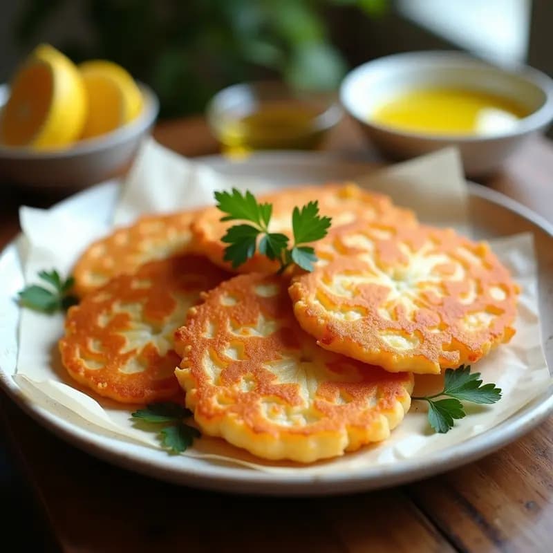 Plato blanco con tortillas de camarones gaditanas doradas y crujientes, servidas sobre papel absorbente con rodajas de limón y perejil fresco al lado.