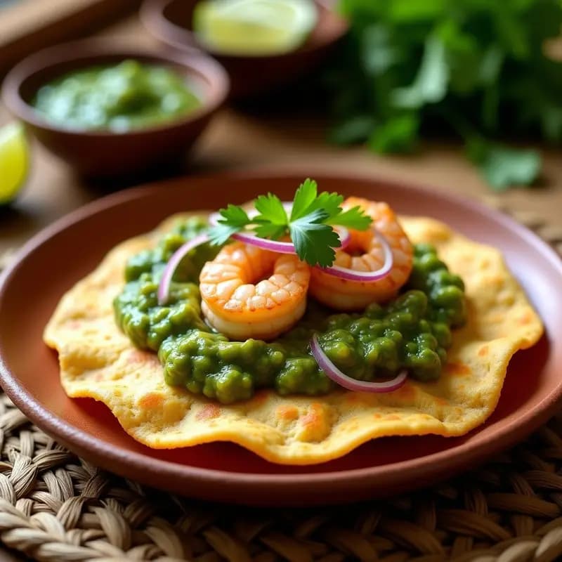 Plato con tortillas doradas rellenas de camarones jugosos, bañadas en salsa verde vibrante con trozos de tomatillo y cilantro fresco. Desayuno mexicano proteico y colorido sobre fondo rústico de madera.
