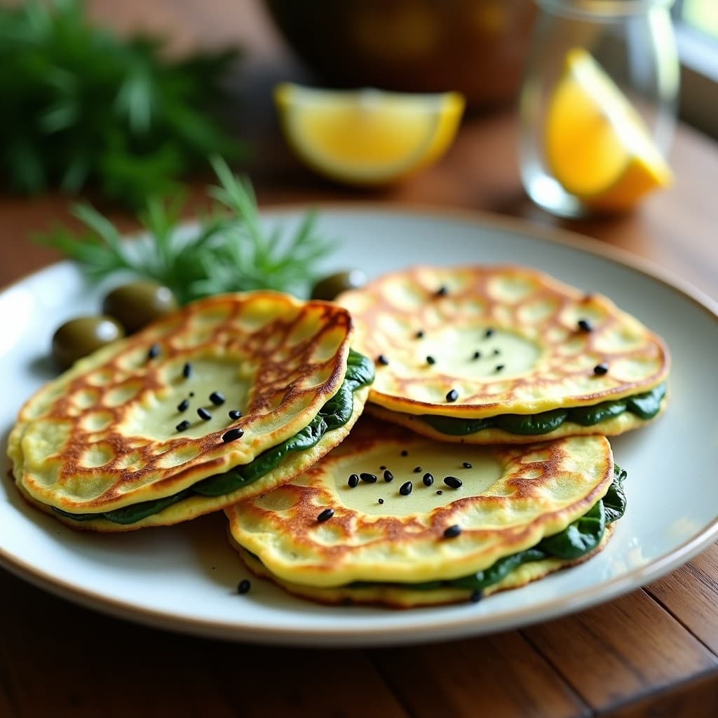 Tortillas doradas de espinaca y queso feta en airfryer, receta griega para desayuno rápido, servidas en plato blanco con aceitunas kalamata y hierbas frescas.