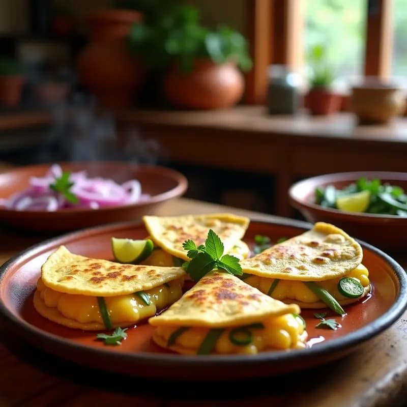 Tortillas de maíz azul dobladas rellenas de queso Oaxaca derretido y tlapeños picados, servidas en un comal de barro con crema ácida y cebolla morada, receta tradicional mexicana para desayuno.