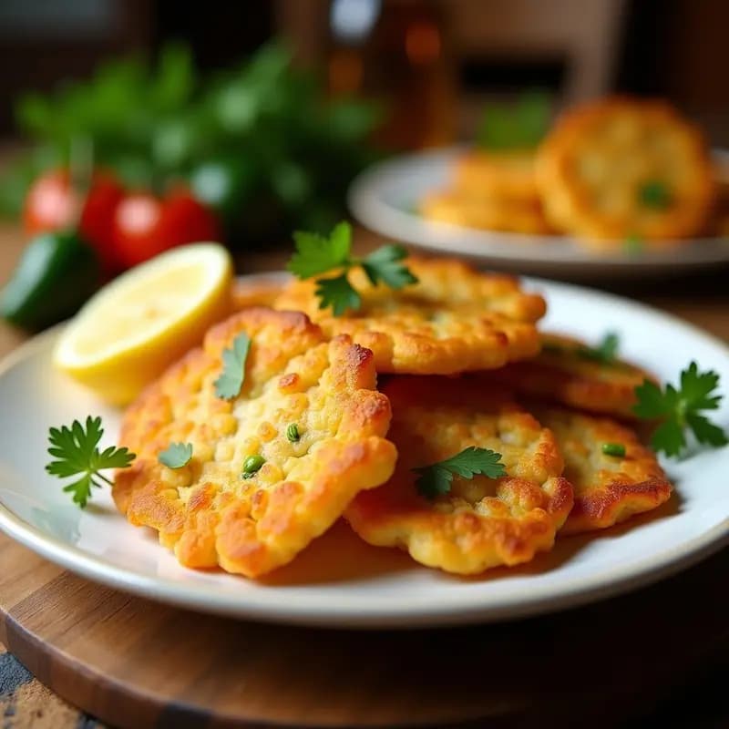 Plato blanco con tortillitas de bacalao doradas y crujientes, rellenas de trozos de cebolla y pimiento verde, servidas con gajos de limón y perejil fresco.