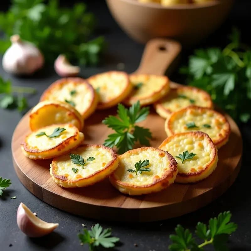 Tortitas doradas y crujientes de ajo y perejil dispuestas en una bandeja de madera, con un fondo rústico y hierbas frescas alrededor, receta Thermomix.