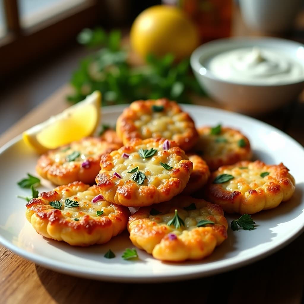 Tortitas doradas y crujientes de alcachofa y queso manchego servidas en un plato de cerámica blanca, con un fondo rústico de madera y hierbas frescas. Receta española sin gluten preparada en airfryer.