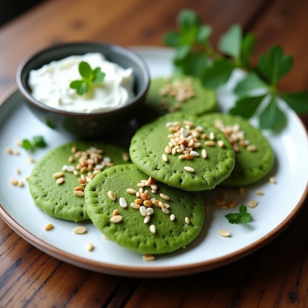 Tortitas verdes vibrantes de algas espirulina y queso vegano apiladas en un plato blanco, con semillas de sésamo tostadas por encima y un fondo rústico de madera. Desayuno energético sin cocción.