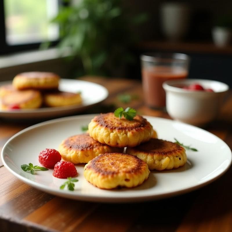 Tortitas doradas y esponjosas de alubias negras y ñame servidas en un plato blanco, acompañadas de rodajas de aguacate y huevo frito, desayuno colombiano alto en fibra hecho en airfryer.