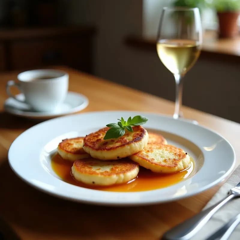 Tortitas doradas y crujientes de arenque ahumado y patata servidas en un plato de madera rústico, acompañadas de salsa de yogur y eneldo, con rodajas de limón al lado.