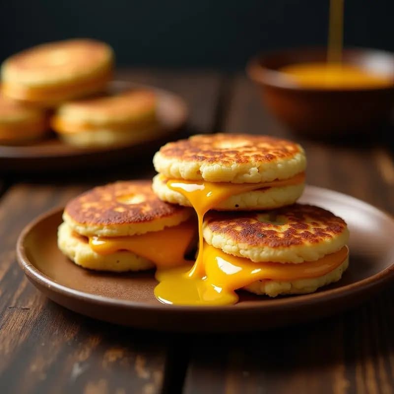 Tortitas doradas de arepa rellenas de queso guayanés derretido, apiladas en un plato rústico con fondo de madera.