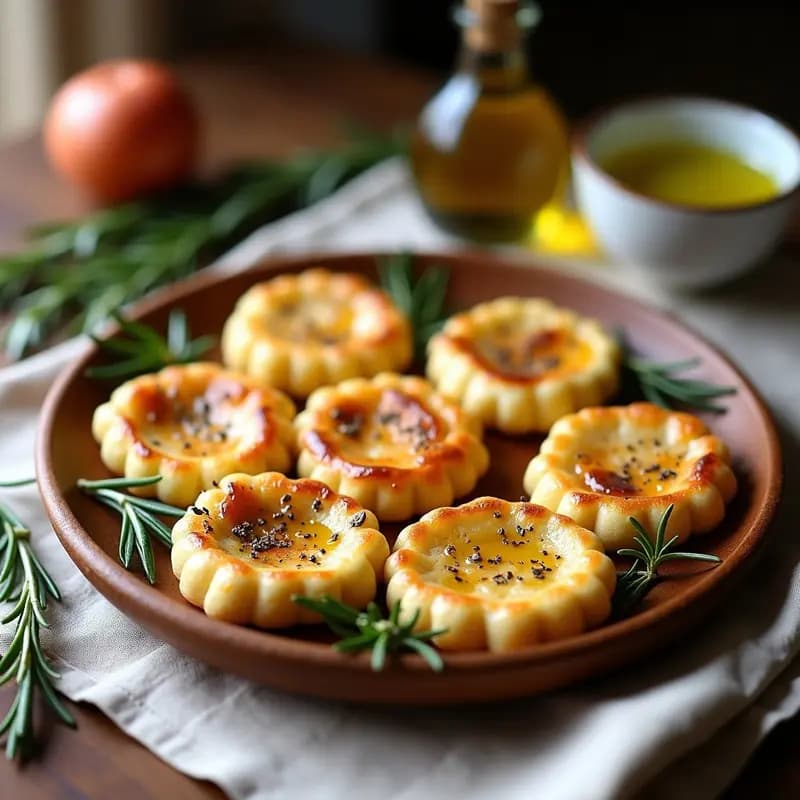 Plato de madera rústico con tortitas arreba asadas doradas, espolvoreadas con hierbas provenzales, acompañadas de ramitas frescas de romero y un hilo de aceite de oliva.