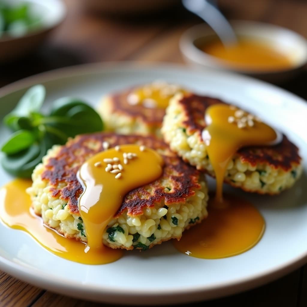 Plato blanco con tortitas doradas de arroz silvestre y espinacas, apiladas y bañadas en salsa cremosa de mostaza y miel, decoradas con semillas de sésamo. Desayuno sin gluten crujiente y nutritivo.