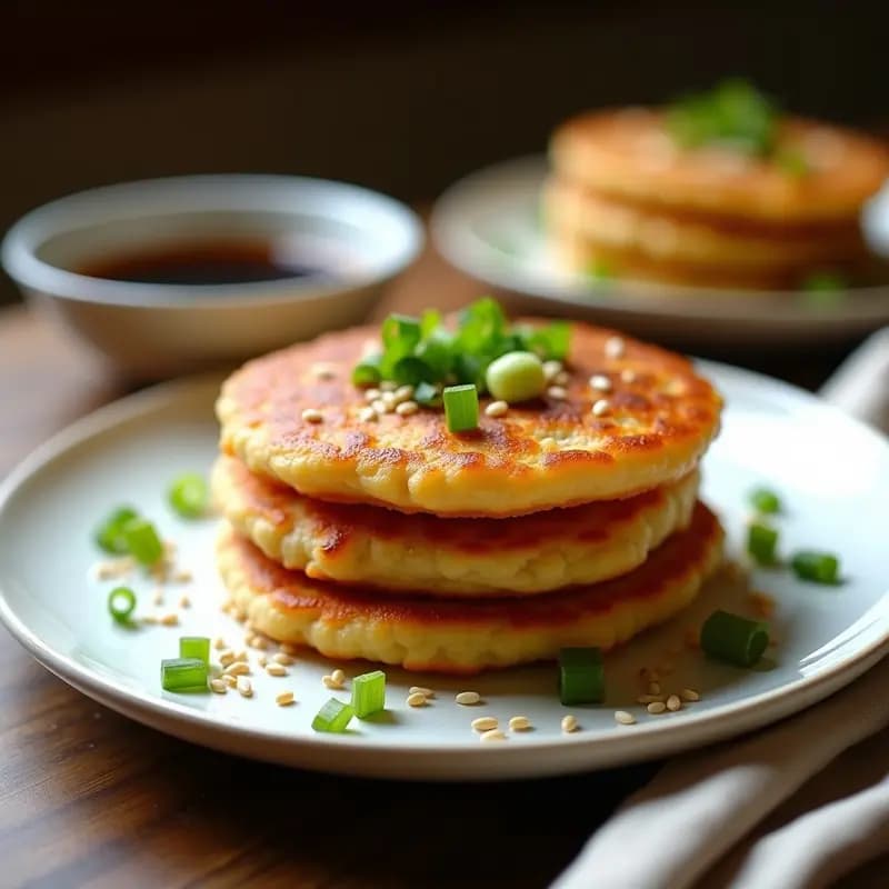 Plato blanco con tortitas de arroz fermentado chino doradas y crujientes, decoradas con cebollino picado y servidas con una salsa oscura al lado. Receta tradicional china rápida y umami.