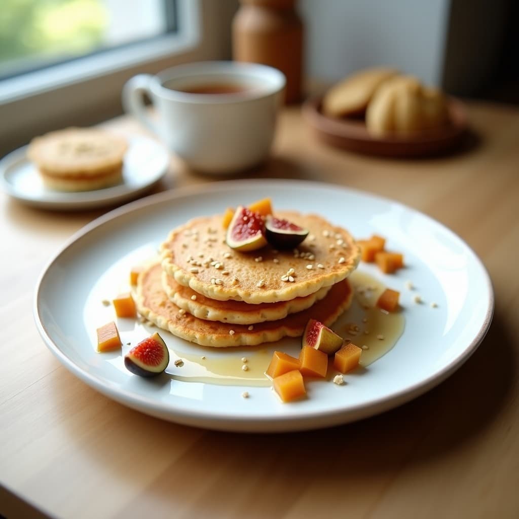Plato blanco con tortitas doradas de arroz fermentado, higos frescos troceados y un hilo de miel de dátil. Decoradas con semillas de sésamo tostadas. Desayuno coreano sin gluten, esponjoso y saludable.