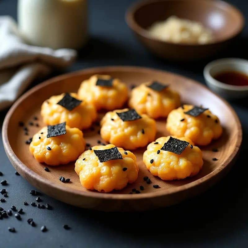 Tortitas doradas y crujientes de arroz fermentado con miso, espolvoreadas con semillas de sésamo negro y alga nori, servidas en un plato de madera rústico.