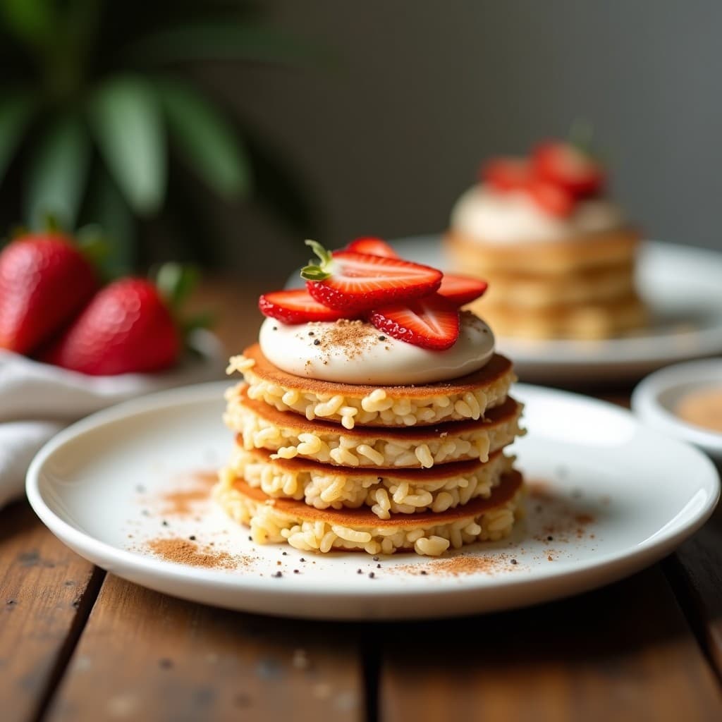 Tortitas doradas y crujientes de arroz inflado apiladas con una generosa capa de crema de anacardos color beige y láminas de fresas rojas frescas. Plato de desayuno keto y sin gluten sobre fondo rústico de madera con semillas de chía espolvoreadas.