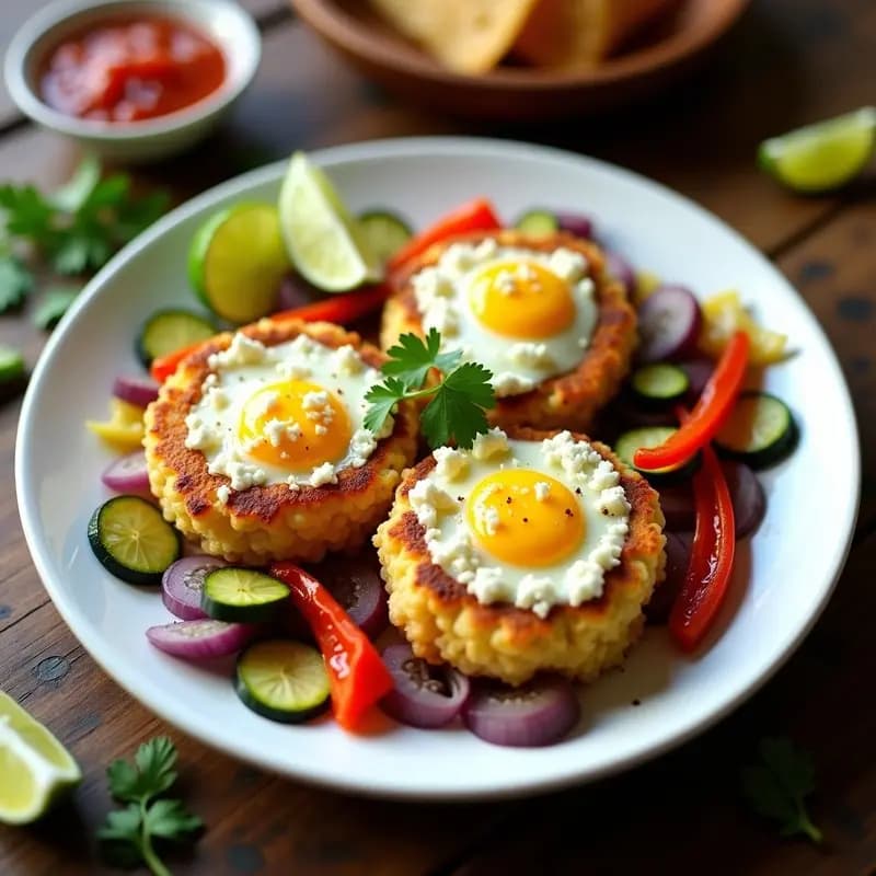 Plato blanco con tortitas doradas de arroz inflado, huevo esponjoso y vegetales coloridos, acompañadas de aguacate y queso fresco desmenuzado. Desayuno mexicano sin gluten crujiente y nutritivo.