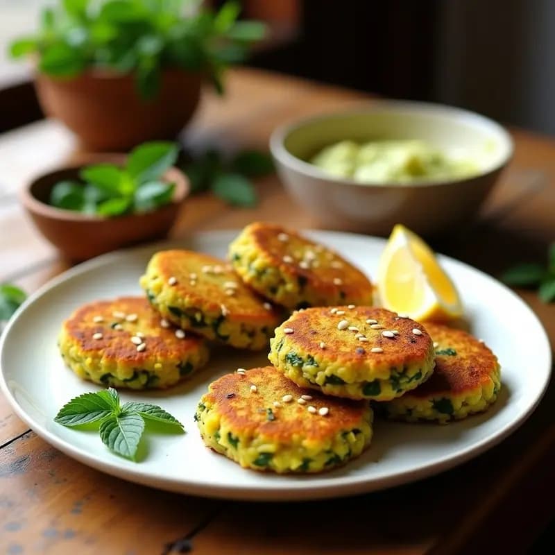 Plato con tortitas doradas de arroz integral y espinacas con cúrcuma, espolvoreadas con semillas de sésamo, servidas sobre un mantel rústico con hierbas frescas al lado.