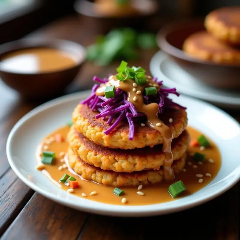 Tortitas doradas y crujientes de arroz manchú servidas en un plato de cerámica blanca, coronadas con salsa de cacahuete cremosa, zanahoria rallada, pimiento rojo en juliana y semillas de sésamo tostadas. Receta china vegana con texturas contrastantes.