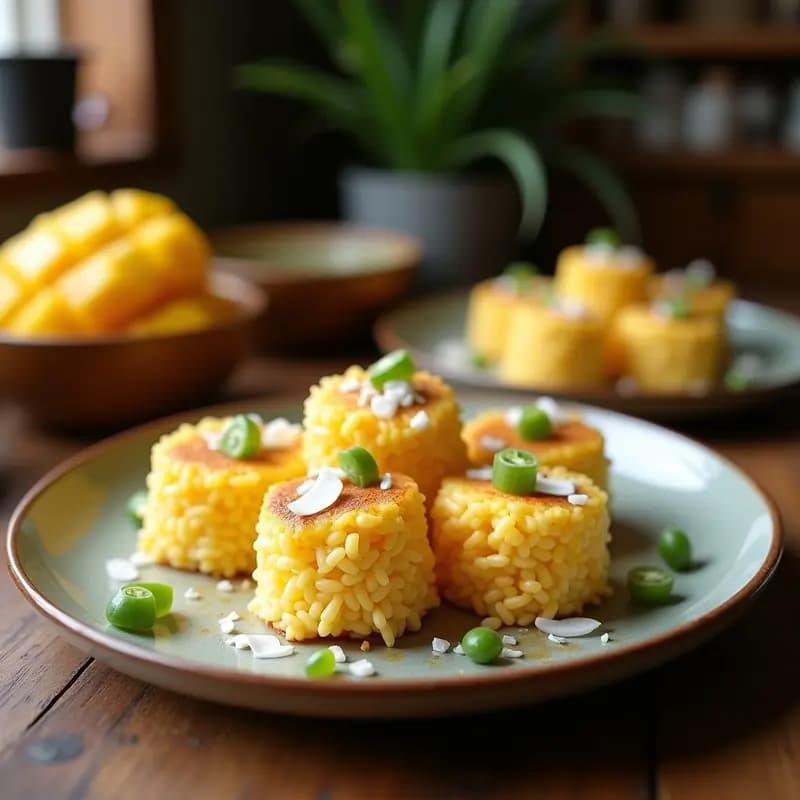 Tortitas doradas y crujientes de arroz inflado con trozos de mango fresco y coco rallado tostado, servidas en un plato de cerámica blanca con fondo de madera rústica. Receta de desayuno indio sin gluten y vegano.