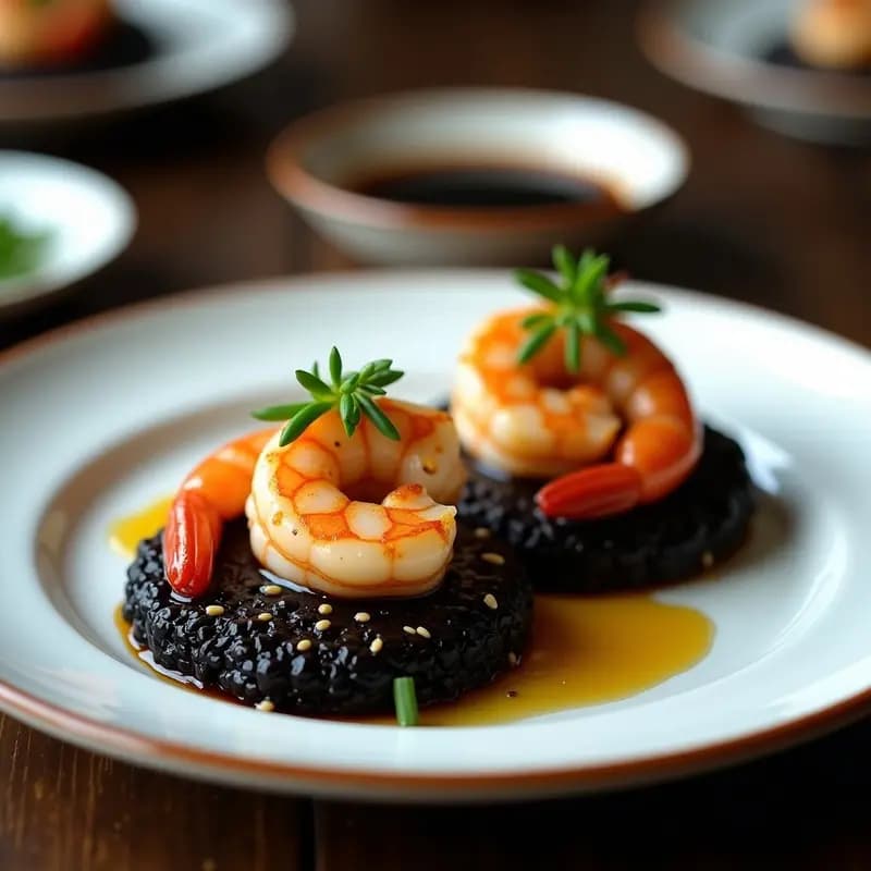 Tortitas doradas de arroz negro con gambas rosadas y brillantes encima, decoradas con cebollino fresco y un hilo de aceite de sésamo sobre un plato de cerámica blanca.