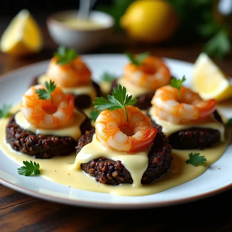 Plato blanco con tortitas doradas de arroz negro, gambas rosadas salteadas y salsa alioli cremosa, decorado con perejil fresco y rodajas de limón.