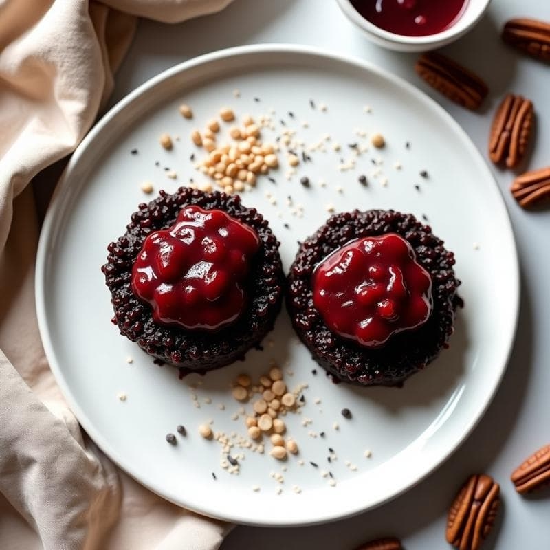 Plato blanco con dos tortitas de arroz salvaje de color oscuro y textura rugosa, cubiertas con una salsa espesa de arándanos rojos y trozos de nueces pecanas. Decoración con canela en polvo y semillas de chía. Fondo minimalista con toalla de lino beige.