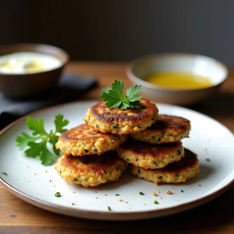 Plato blanco con tortitas doradas de arroz salvaje y setas ahumadas, crujientes por fuera y jugosas por dentro, decoradas con perejil fresco y acompañadas de un dip cremoso.