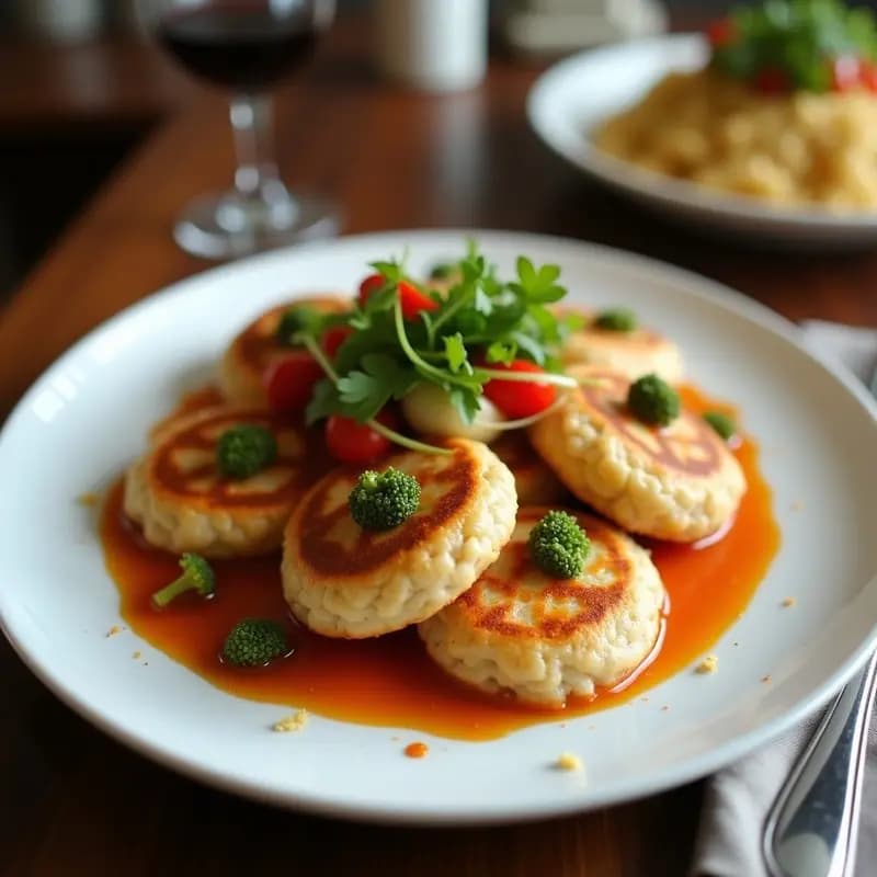 Tortitas de arroz doradas con semillas de sésamo negro, dispuestas en un plato blanco con salsa teriyaki brillante y vegetales frescos al lado, receta japonesa para tupper.
