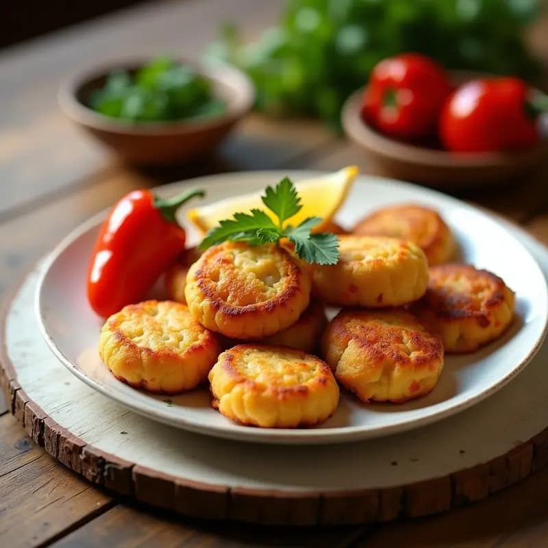 Plato blanco con tortitas de bacalao doradas y crujientes, acompañadas de pimientos del piquillo asados rojos, aperitivo vasco fácil y rápido.