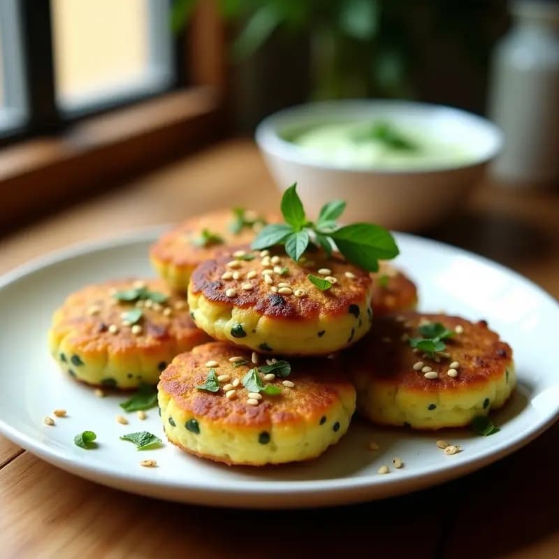 Tortitas doradas y crujientes de calabacín y algas nori apiladas en un plato blanco, con semillas de sésamo espolvoreadas y acompañadas de una salsa verde ligera.