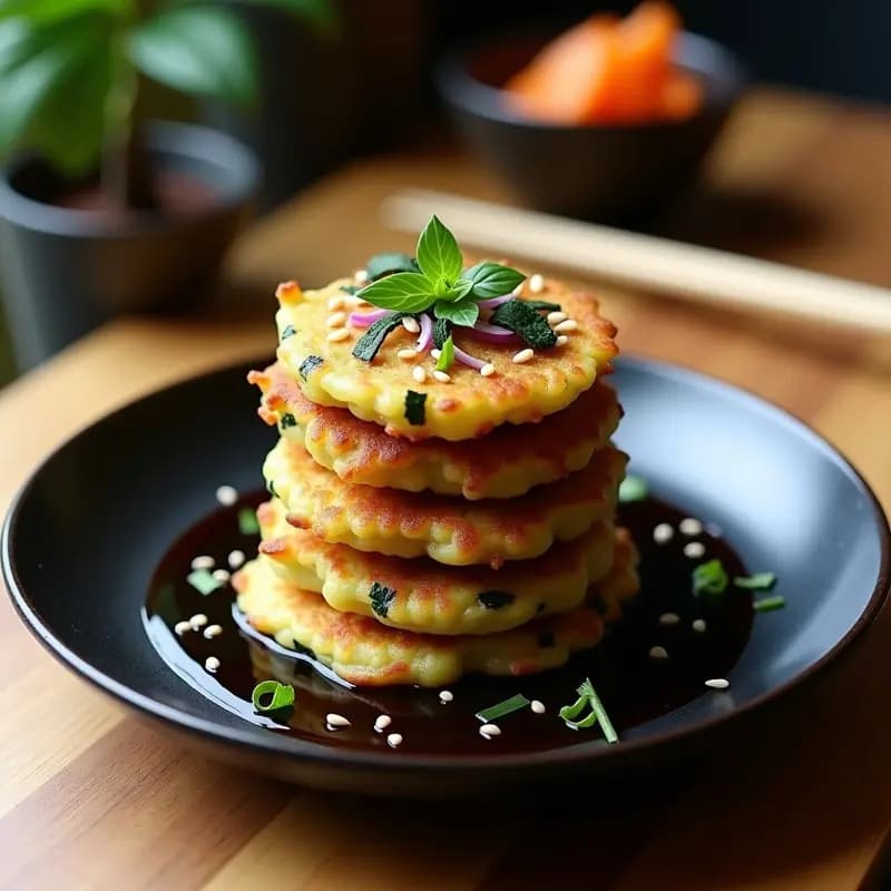 Tortitas doradas y crujientes de calabacín y algas nori apiladas sobre un plato de cerámica negra, acompañadas de semillas de sésamo y una salsa oscura. Ideal para sushi bowl vegano japonés.