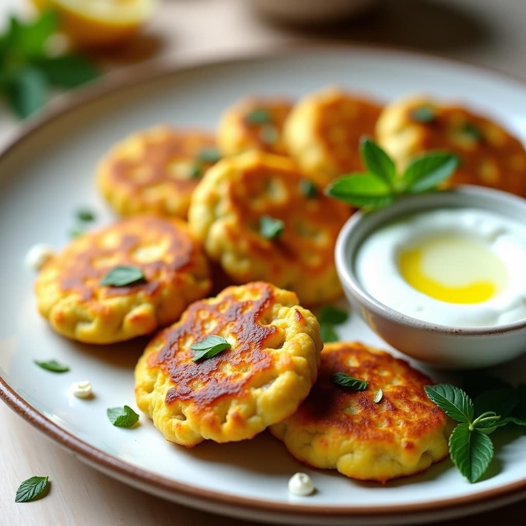 Tortitas doradas de calabacín y cúrcuma apiladas en un plato blanco, con salsa de yogur griego cremosa y decoradas con eneldo fresco. Receta keto en airfryer.
