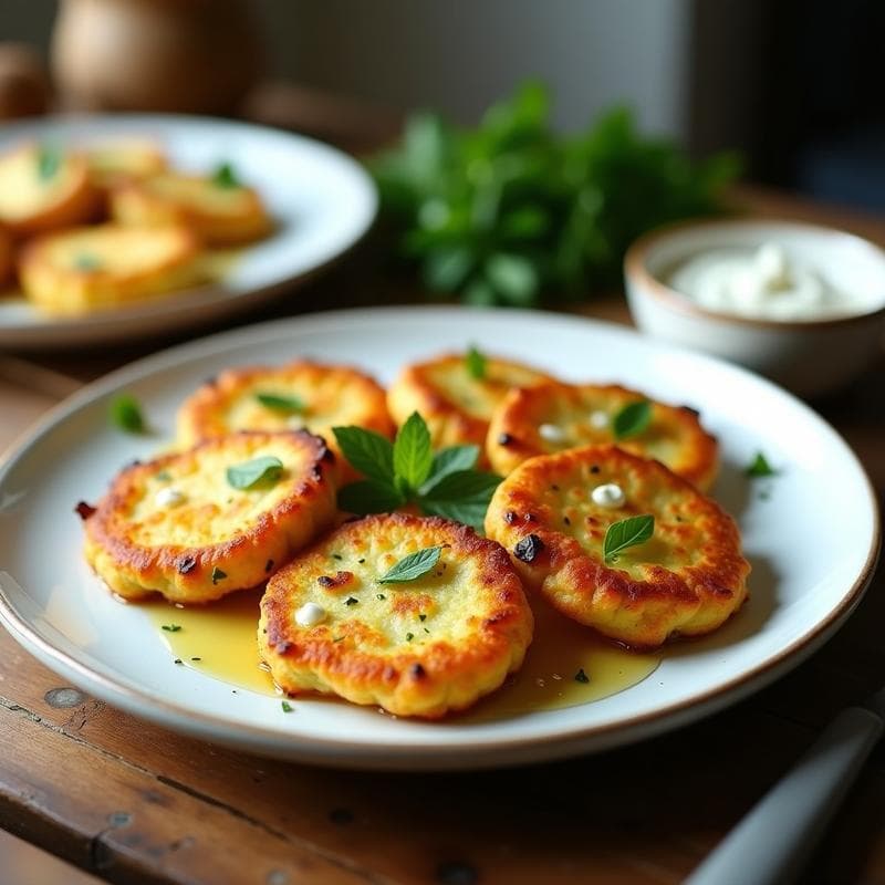 Tortitas doradas y crujientes de calabacín y queso halloumi servidas en un plato blanco con hierbas frescas y un chorrito de miel, receta chipriota en airfryer sin aceite.