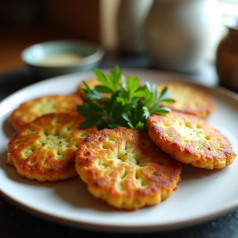 Tortitas doradas y crujientes de calabacín y queso halloumi servidas en un plato blanco con salsa de yogur griego y menta fresca, receta sin gluten en airfryer.