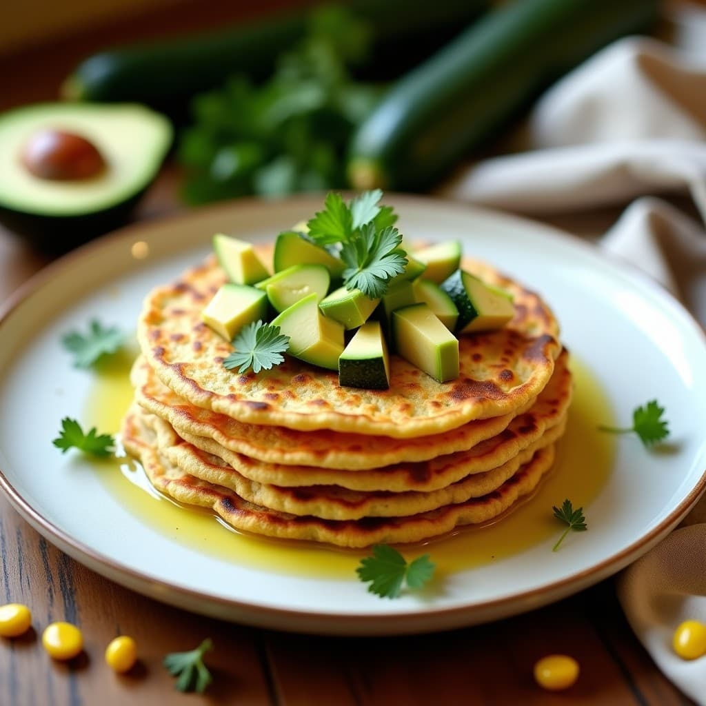 Plato blanco con tortitas doradas de calabacín y maíz sin gluten, apiladas y decoradas con aguacate en cubos, cilantro fresco y un hilo de aceite de oliva. Fondo rústico con servilleta de lino.