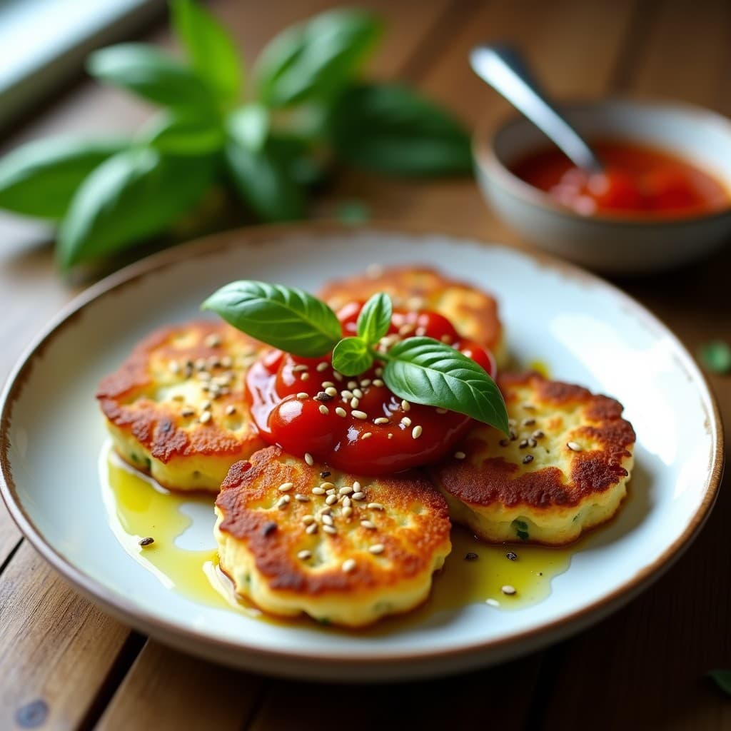 Tortitas doradas de calabacín y queso de cabra servidas en un plato rústico de cerámica, con un hilo de mermelada de tomate brillo encima y hojas de perejil fresco como decoración. Desayuno salado y gourmet con textura esponjosa y contraste de colores vibrantes.