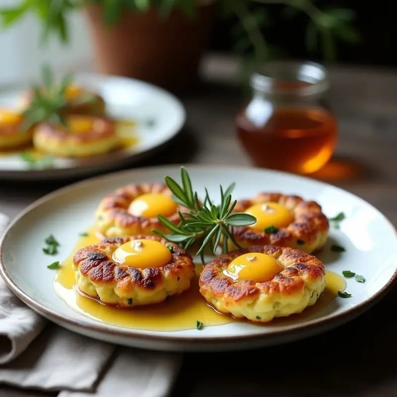 Tortitas doradas de calabacín y queso de cabra con miel de romero, servidas en un plato blanco rústico sobre mesa de madera. Receta francesa fácil y saludable.