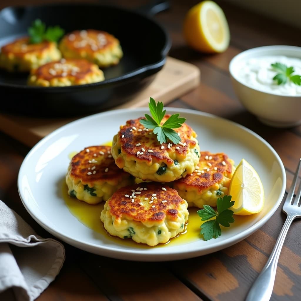 Tortitas doradas de calabacín y queso halloumi a la plancha, con textura crujiente por fuera y esponjosa por dentro, servidas en un plato blanco con semillas de sésamo espolvoreadas y acompañadas de rodajas de tomate y aceitunas kalamata. Receta griega keto y sin gluten.
